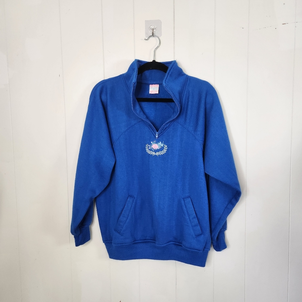Vintage 80s 90s Blue Floral Lady Footlocker Sweatshirt Quarter Zip Cottagecore - Picture 7 of 7